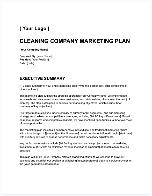 [Downloadable Template] CLEANING COMPANy MARKETING PLAN
