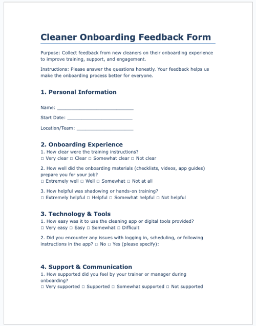Cleaner Onboarding Feedback Form