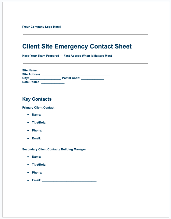 Cleaning Client Site Emergency Contact Sheet