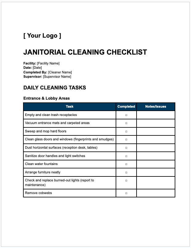 Downloadable Janitorial Cleaning Checklist