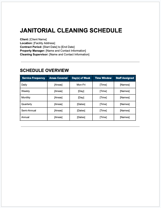 Janitorial Cleaning Schedule