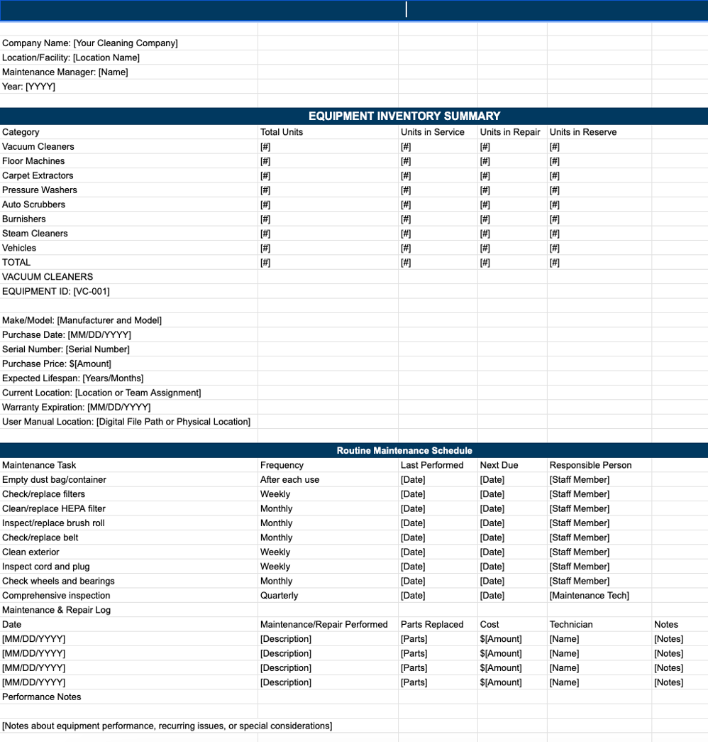 Janitorial Equipment Mainteance Log Template