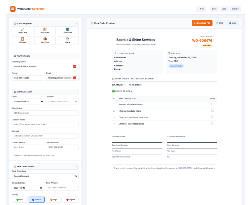Work order generator preview showing client details and task list