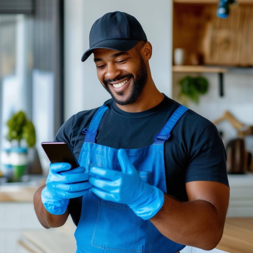 happy cleaning business owner saving time with mobile technology with blue gloves