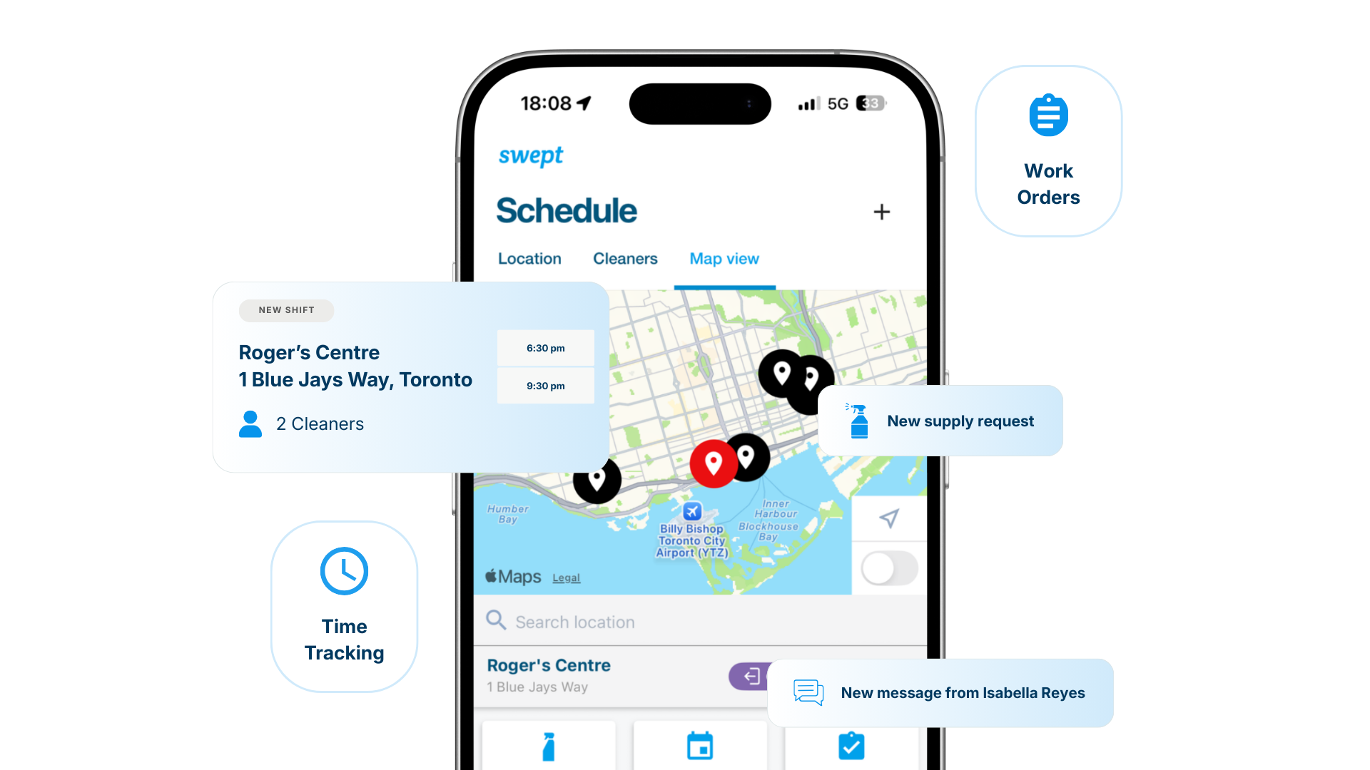 Swept mobile app schedule map with shift, work order, supply request and message notifications