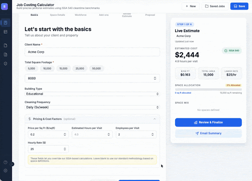 Job Costing Calculator showing a cleaning job estimate with labor and margin breakdown
