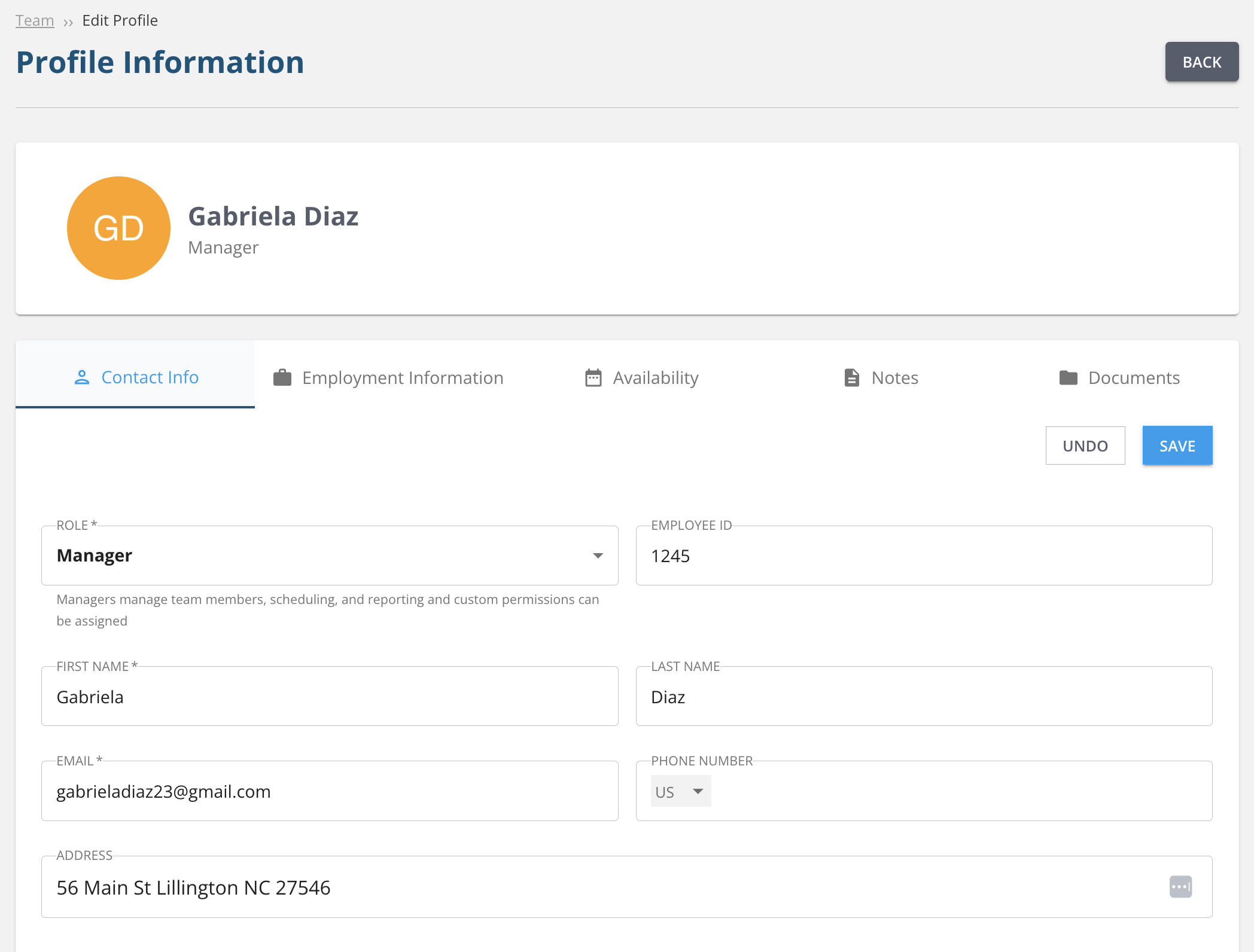 Employee Hub Contact Information tab