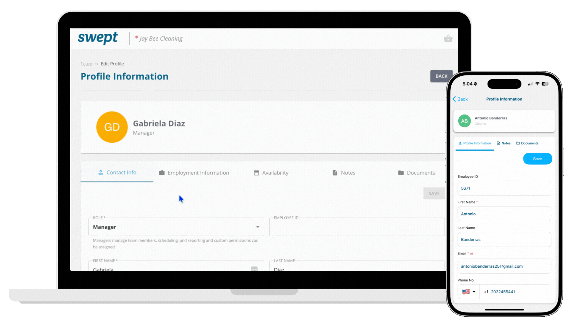 Employee Hub landing page visual showing employee details across web and mobile