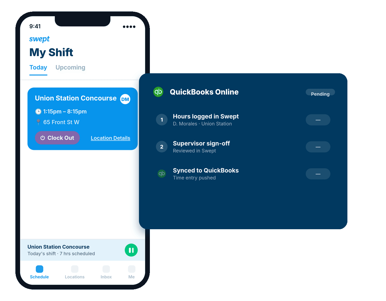 Cleaner hours logged and approved in Swept, then synced to QuickBooks Online